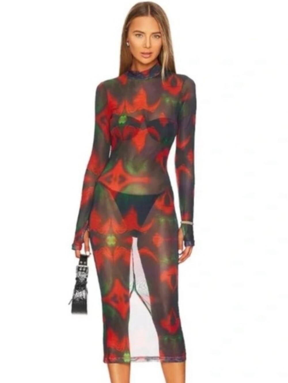 Dylan Sheer Abstract Print Long Sleeve Black Red Midi Revolve Dress